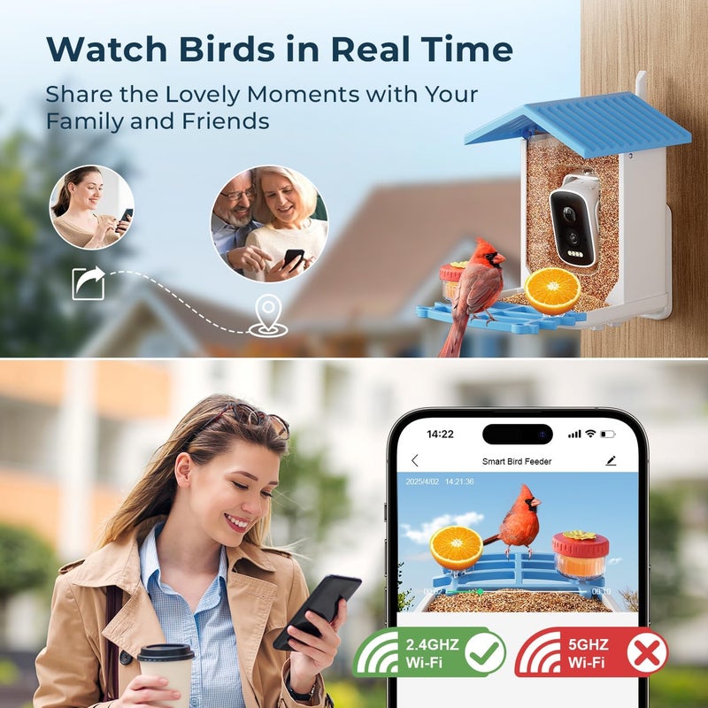 WESTHEY Bird Feeder with Camera, 2.5K HD Smart Bird Feeder Cam Outdoor with AI Recognition, Instant Arrival Alerts, Auto Capture Birds Videos, IP66 Waterproof Solar Powered, Ideal Gift (Blue) - Image 5
